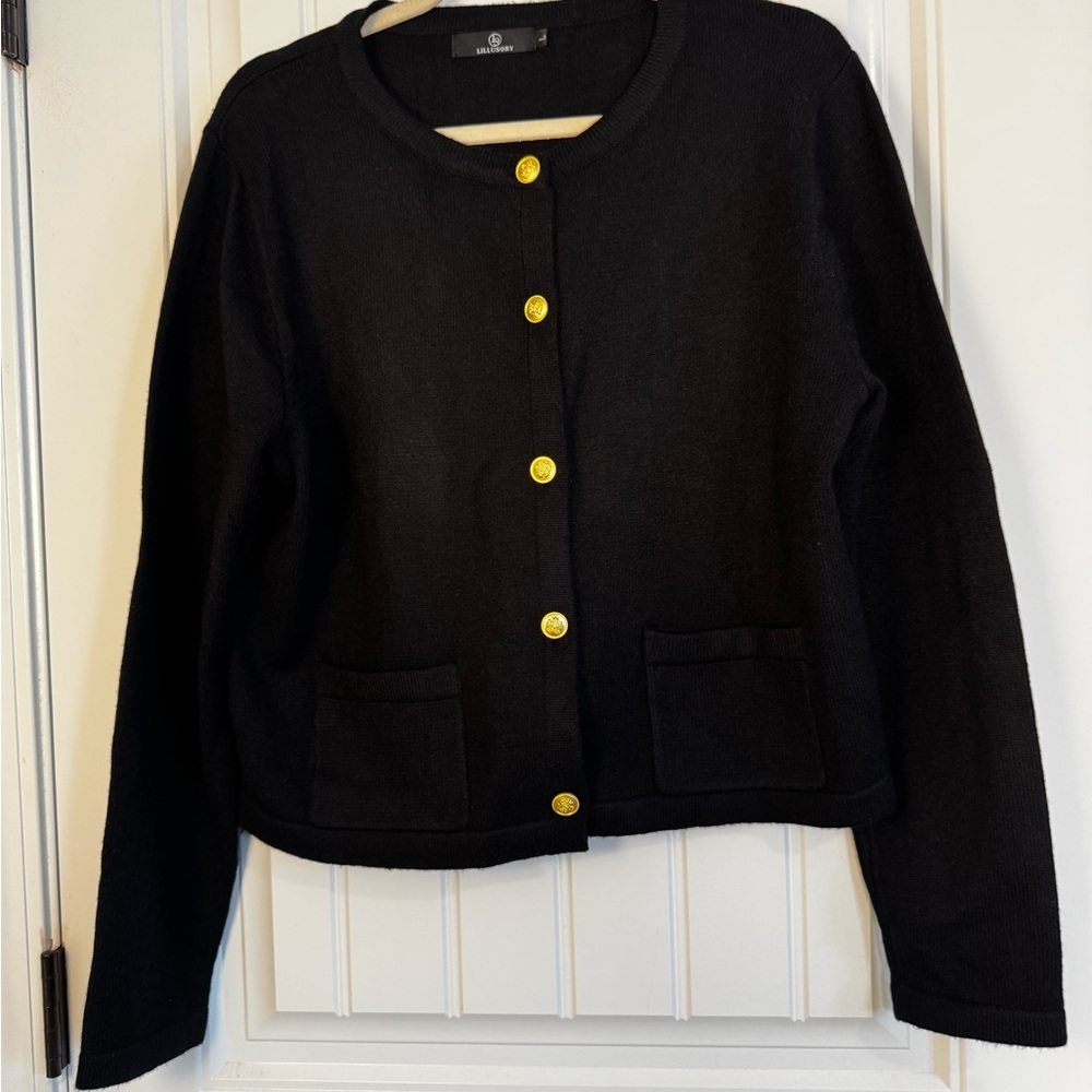 Black Crewneck Button Cardigan Sweater with Gold Buttons